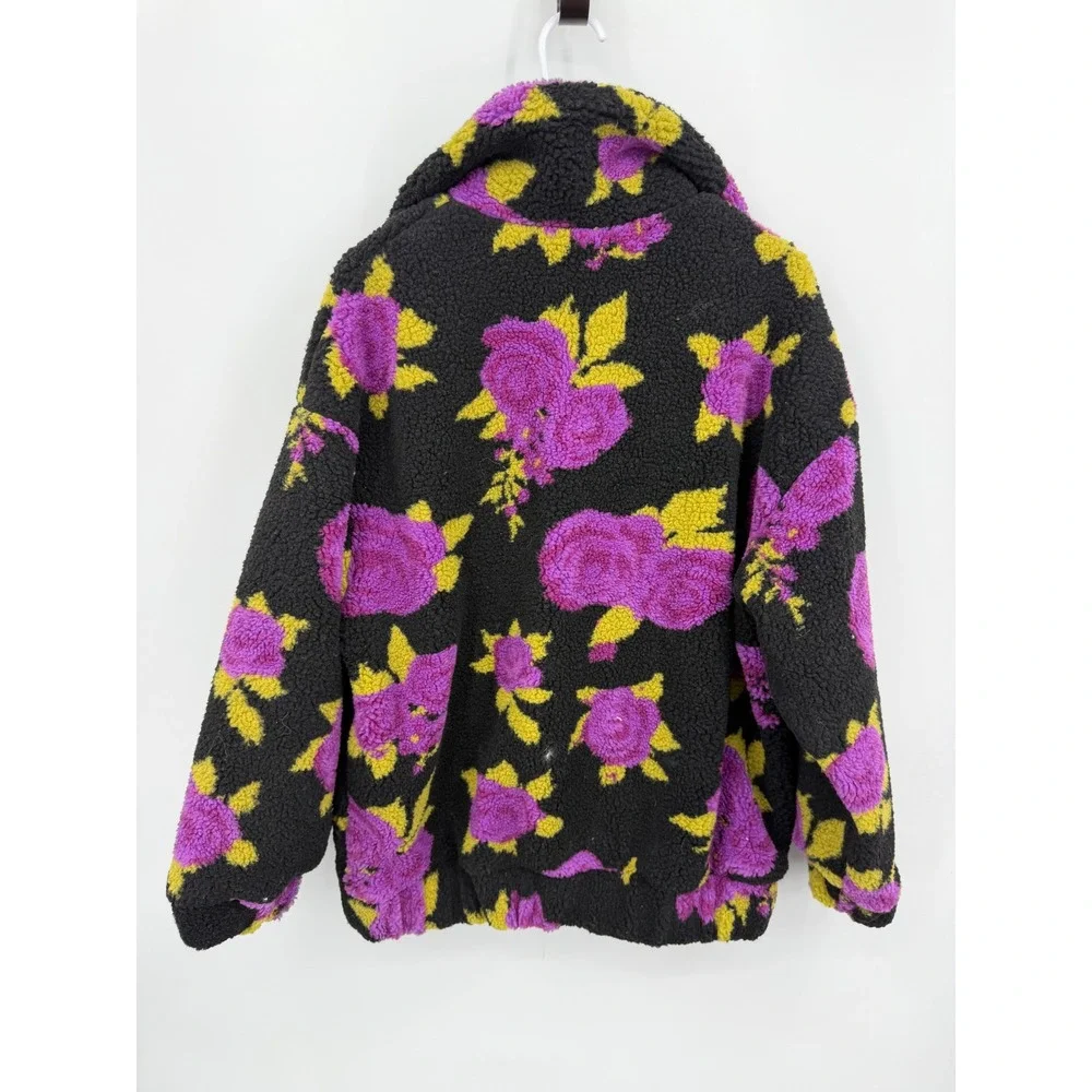 Current Mood loving bloom Floral Sherpa Fleece Jacket sz XS Black Purple green